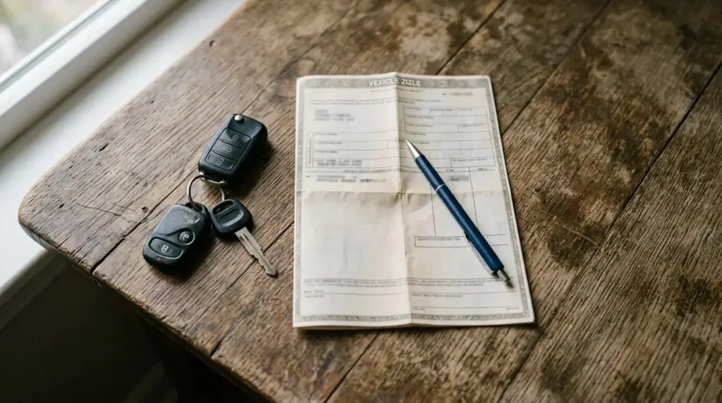 Vehicle title paperwork with a car in the background in New Jersey